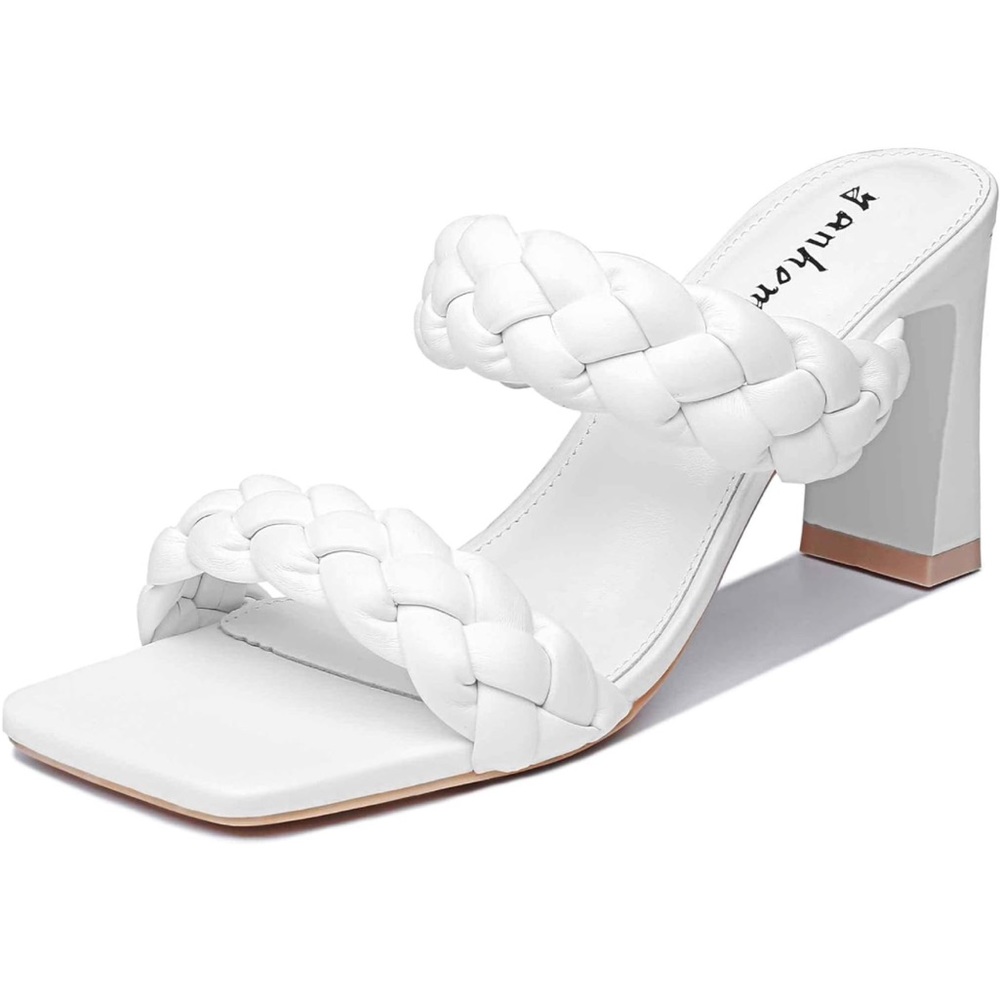 New! White Braided Square Toe Block Heel Sandal Slip On Mule Size 9